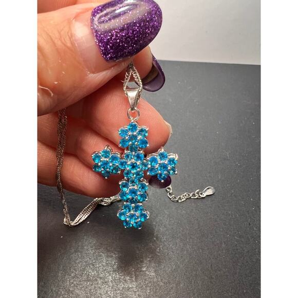 Neon Apatite Rhodium Over 925 Cross Pendant With Chain - Picture 2 of 11